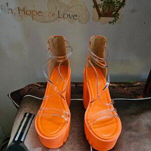 Lemonade Brand Platform Shoes - Size 8 - Shiloh XH854 Solid Orange, Clear Straps